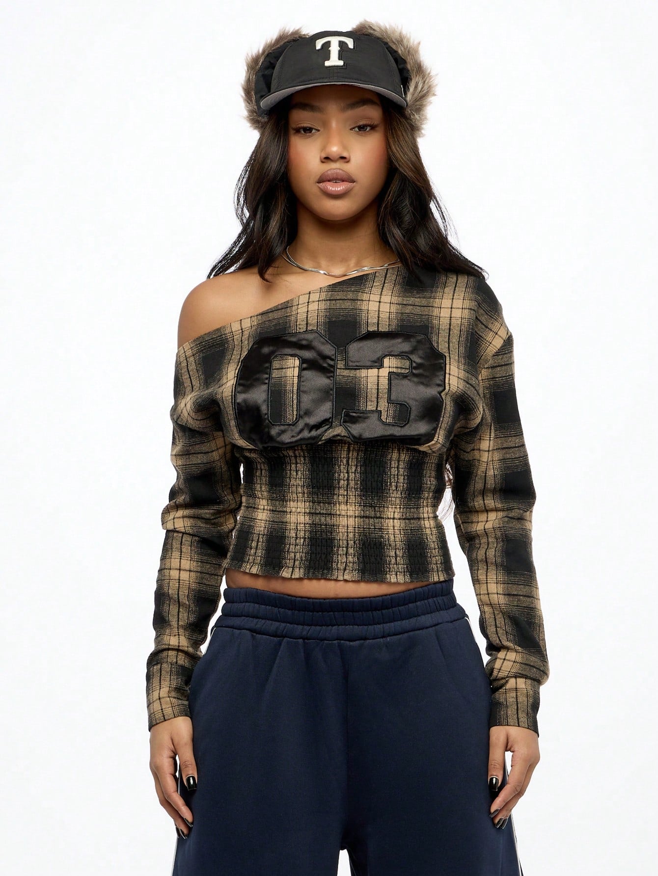 SUMWON WOMEN Punk off Shoulder Check Ruched Waist Top