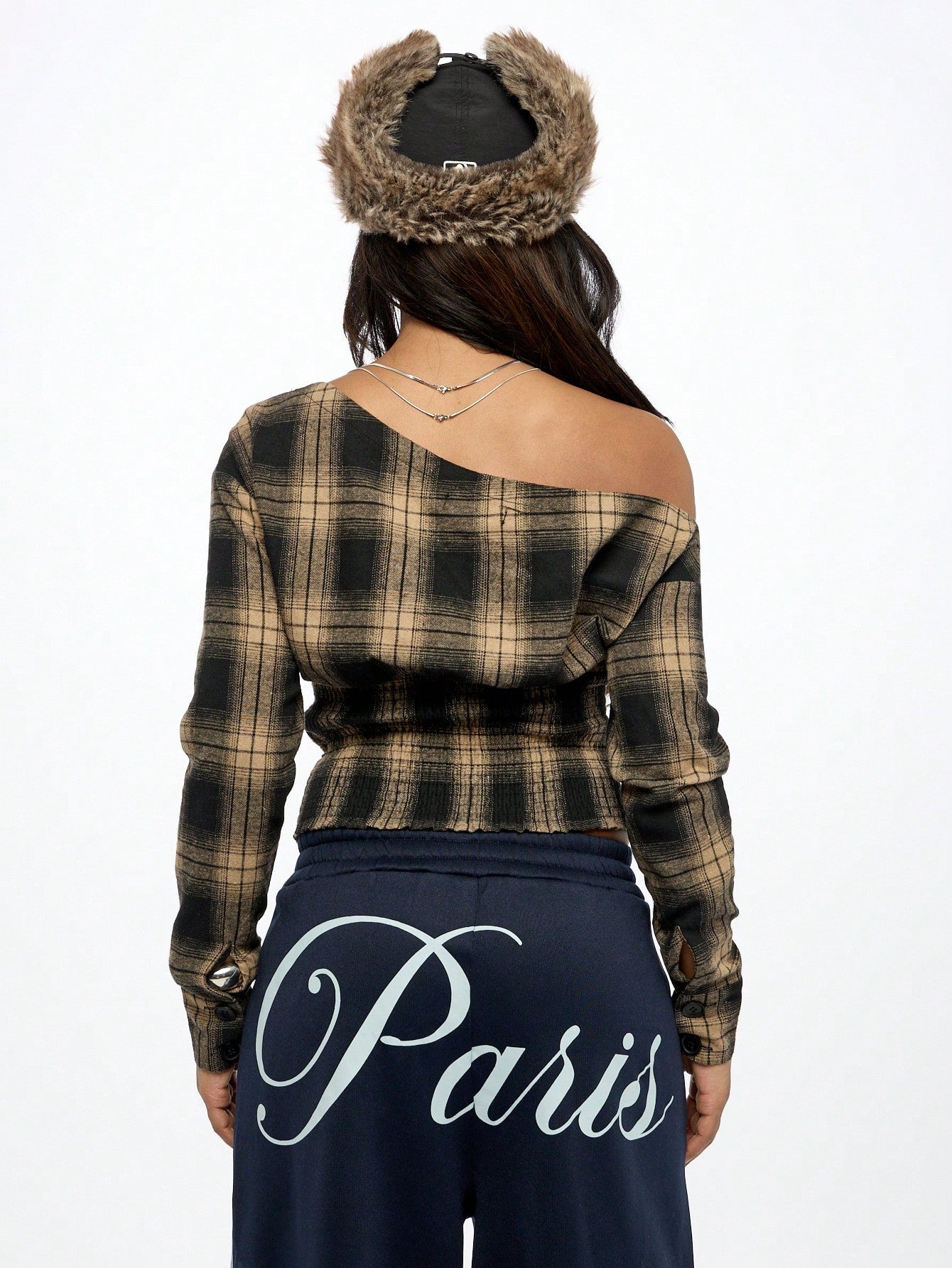 SUMWON WOMEN Punk off Shoulder Check Ruched Waist Top