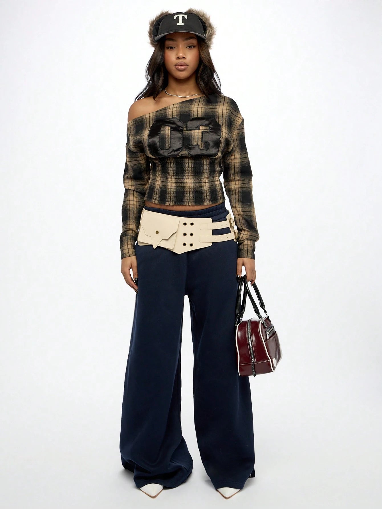 SUMWON WOMEN Punk off Shoulder Check Ruched Waist Top