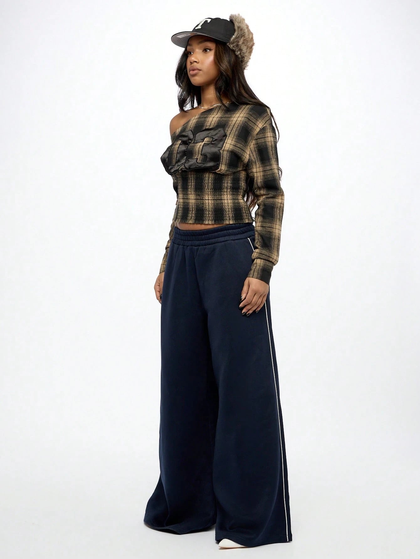 SUMWON WOMEN Punk off Shoulder Check Ruched Waist Top